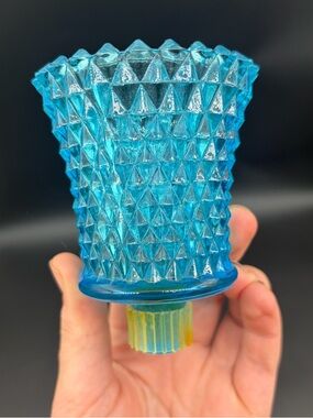 Vintage Blue Diamond Point Glass Peg Votive Cup Candle Holder 3” Tall
